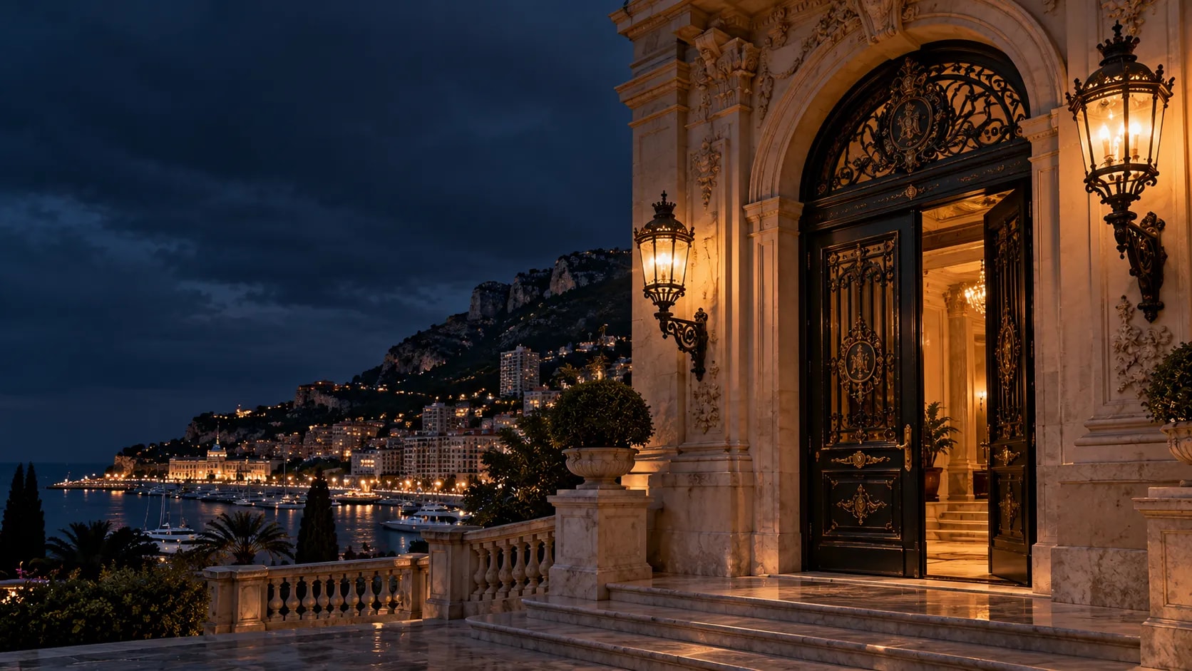 Bankeingang im Belle-Époque-Stil über dem Hafen von Monaco, Symbolbild zu Bonitätsnachweisen beim Immobilienkauf
