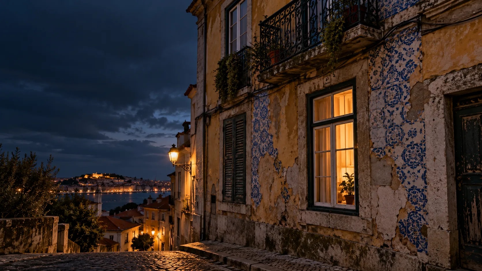 Verwitterte Altbaufassade mit abgeplatzten Azulejos und Feuchteflecken in einer portugiesischen Altstadt, typische Befunde für ein Hausgutachten in Portugal
