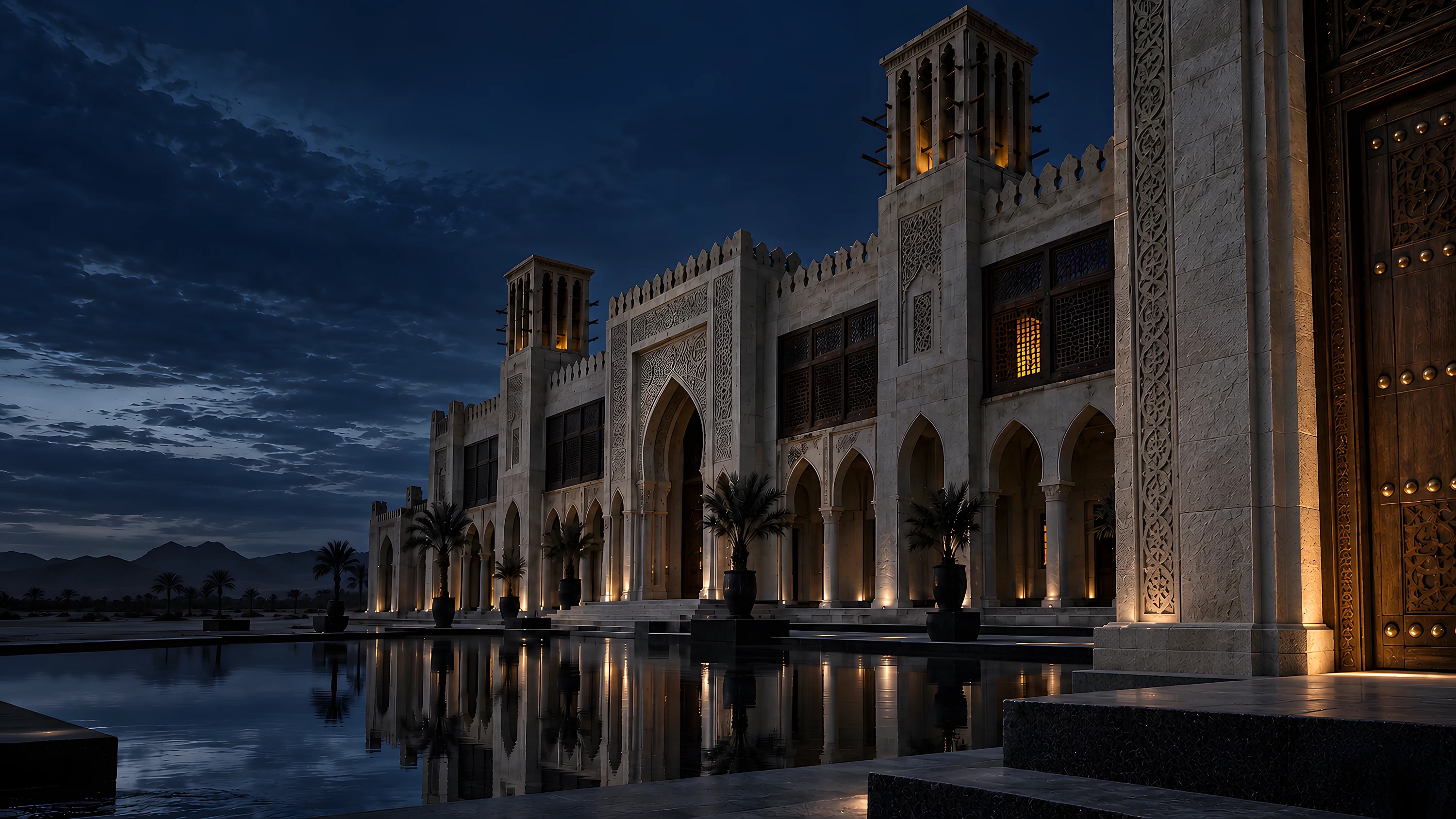 Palast aus hellem Stein mit Windtürmen zur blauen Stunde, Objekttyp der Immobilienbewertung in Dubai