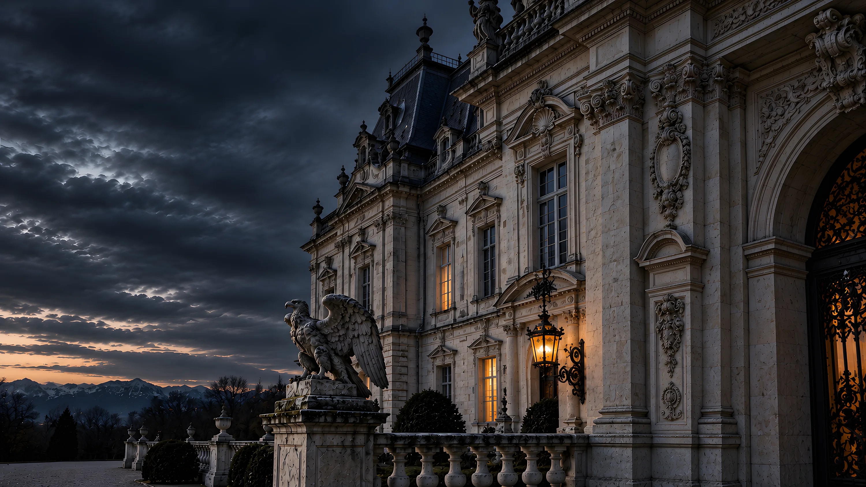 Österreichisches Barockschloss vor verschneiten Alpen, wie es die Immobilienbewertung in Österreich erfasst