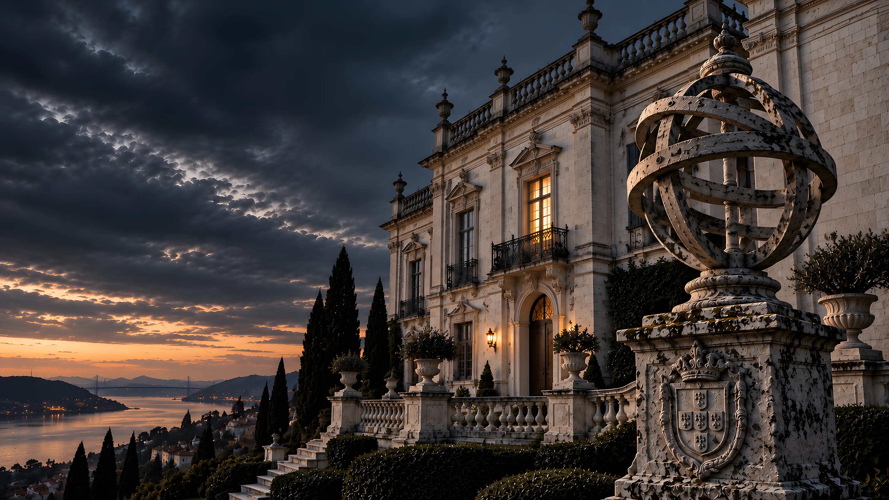 Portugiesischer Palast über dem Tejo mit steinerner Armillarsphäre, Beispiel für eine Immobilienbewertung in Portugal