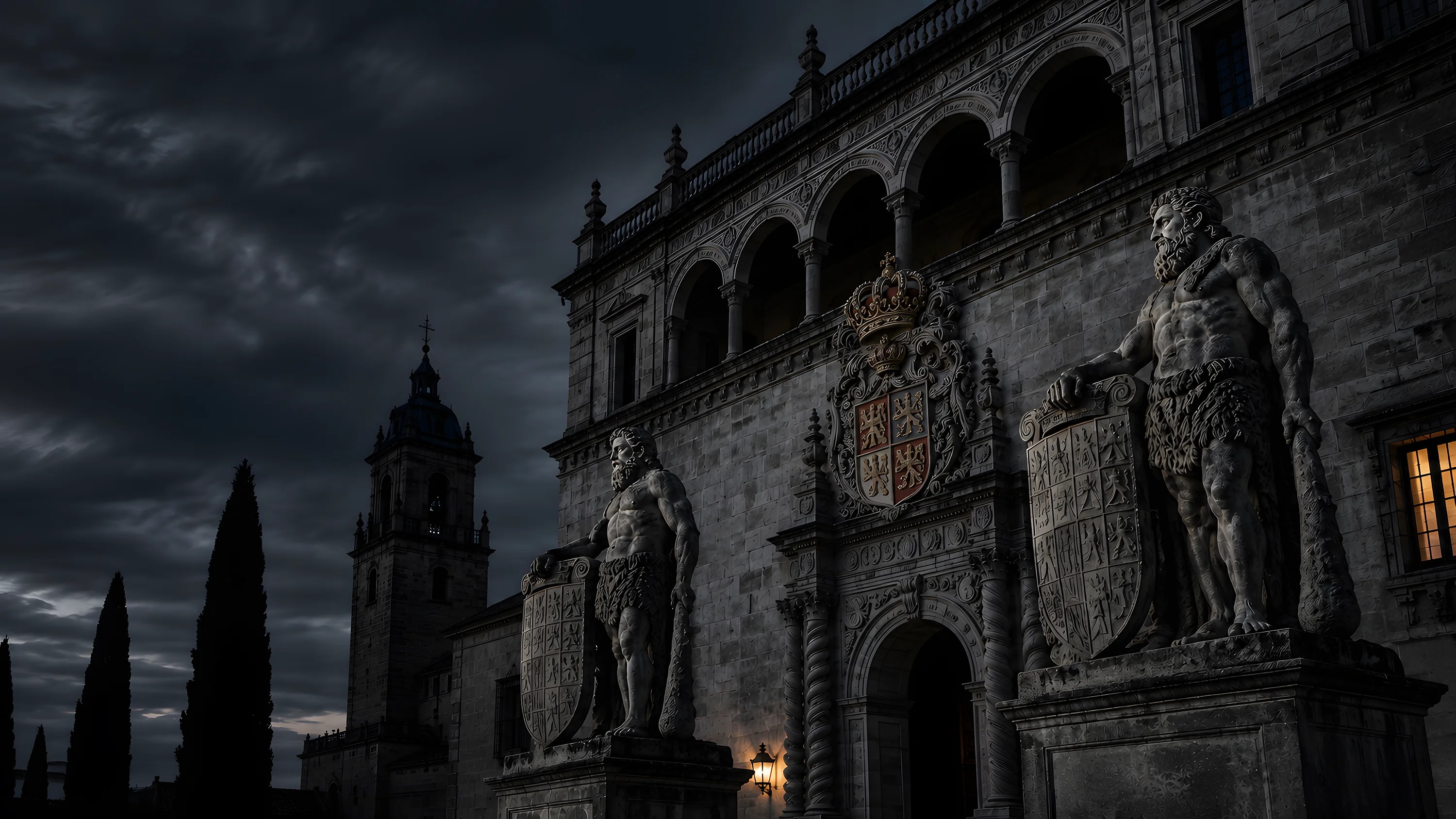 Spanischer Renaissance-Palast in der Abenddämmerung mit steinernen Wächterfiguren, Beispiel für eine Immobilienbewertung in Spanien