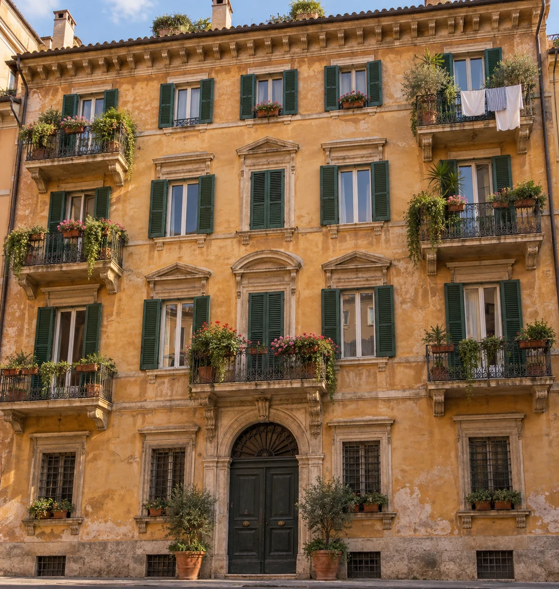 Italienischer Palazzo mit ockerfarbener Putzfassade, grünen Fensterläden und schmiedeeisernen Balkonen