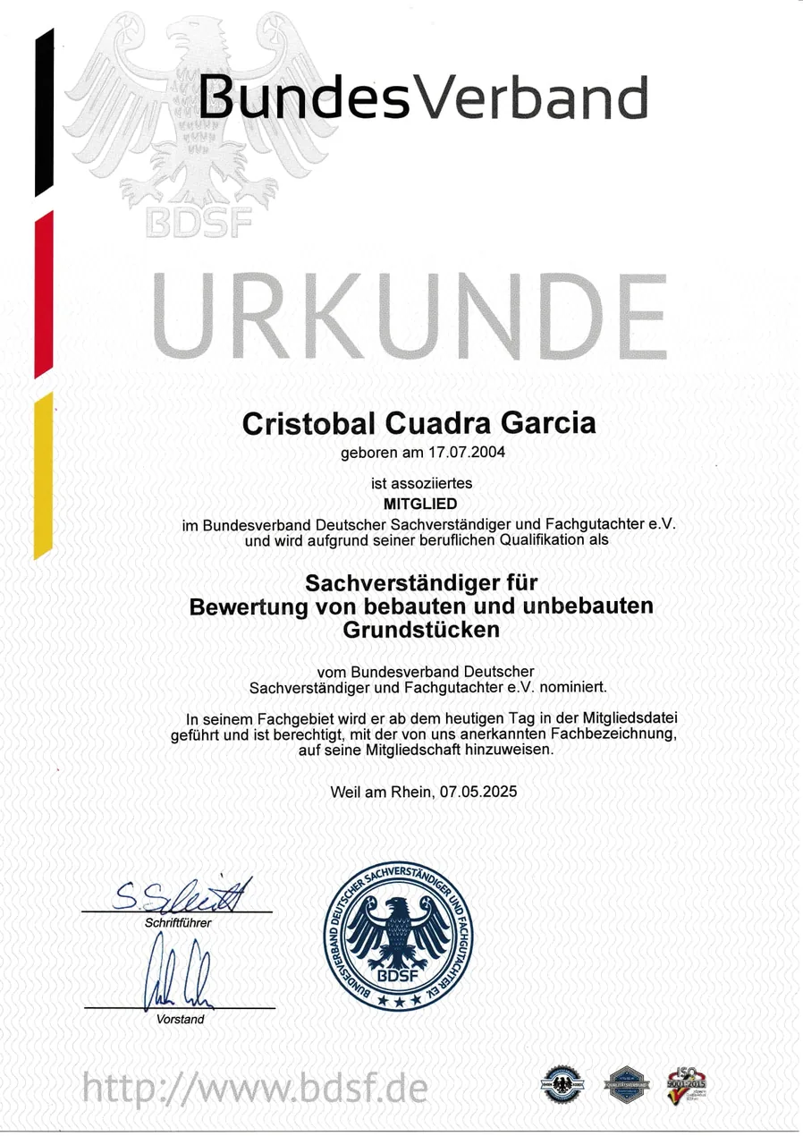 Mitgliedsurkunde des BDSF, Bundesverband Deutscher Sachverständiger und Fachgutachter e.V.