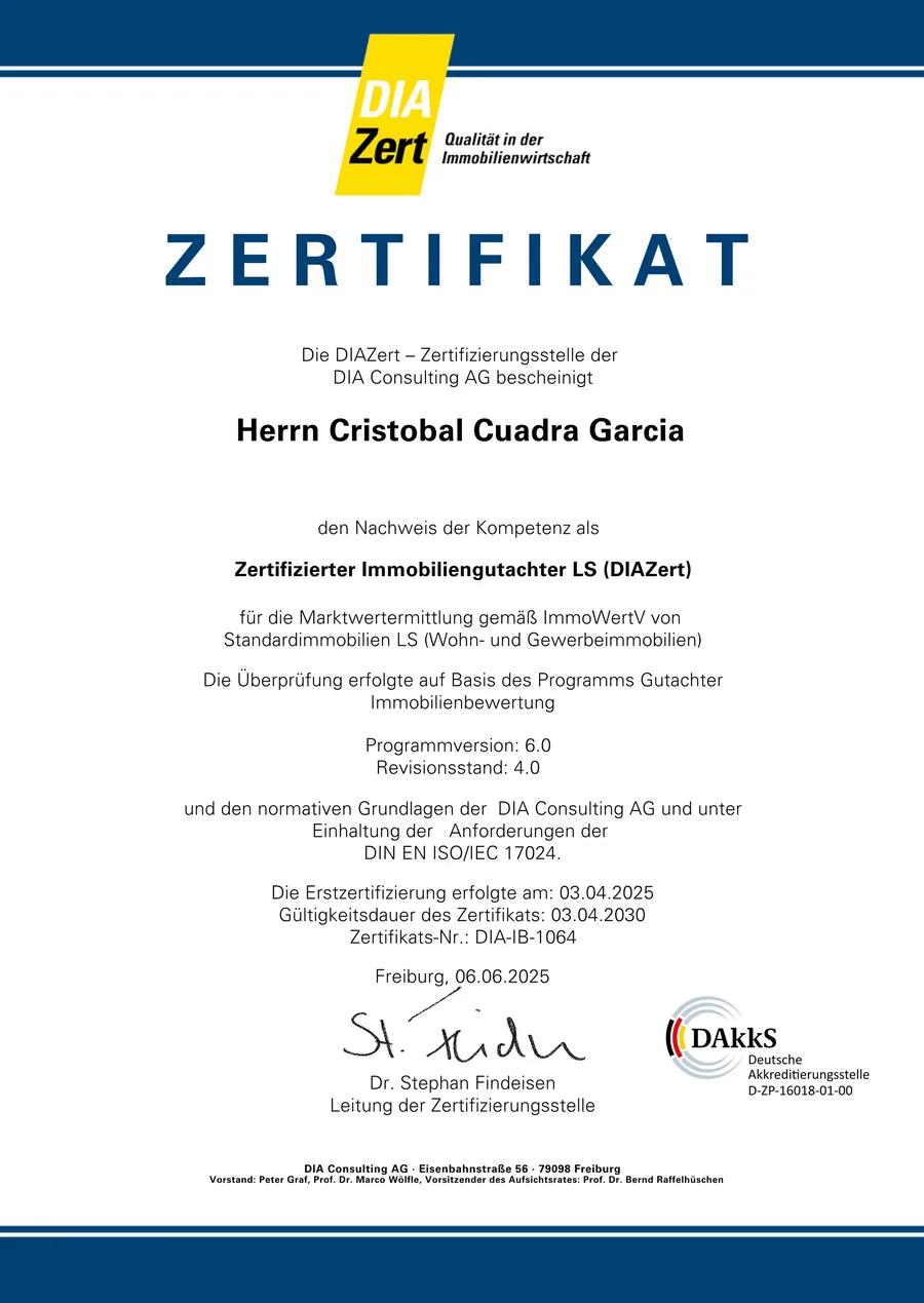 Zertifikatsurkunde DIAZert: Zertifizierter Immobiliengutachter LS nach DIN EN ISO/IEC 17024
